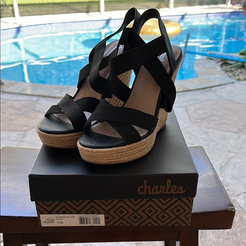 Charles By Charles David Black Espadrille Wedge Sandals